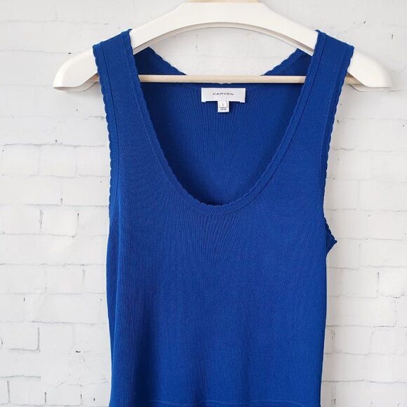 Carven Dress Size L Royal Blue Sleeveless Stretch Knit Body Con Fit Flare Hem - Picture 2 of 8